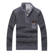 Men's Casual Thicken Patchwork Half-Zipper Stand Collar Chest Pocket Knit Pullovers Sweaters