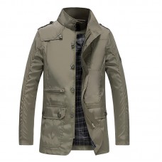 Mens Water Repellent Windproof Stand Collar Jacket Solid Color Trench Coat