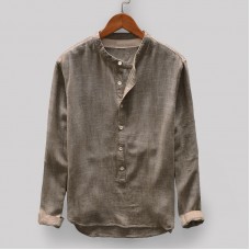 Men's Vintage Loose Comfy Solid Color Button Fly Stand Collar Long Sleeve Casual T-shirts