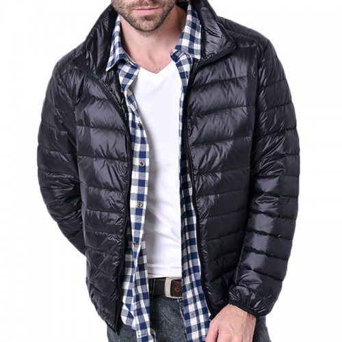 Mens Winter Lightweight Warm Padded Jacket Solid Color Stand Collar Coat