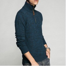 Mens Knitted Solid Color Thick Warm Half Zipper Stand Collar Pullovers Sweaters