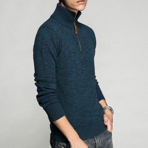 Mens Knitted Solid Color Thick Warm Half Zipper Stand Collar Pullovers Sweaters