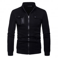 Mens Casual  Multifunction Pockets Zipper Thick Stitching Top Long Sleeve Solid Color Coats