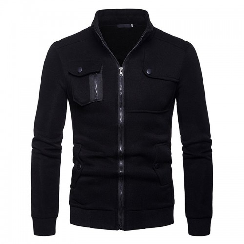 Mens Casual  Multifunction Pockets Zipper Thick Stitching Top Long Sleeve Solid Color Coats