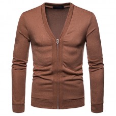 Mens Brief Breathable V Neck Zipper Long Sleeve Slim Cardigans Casual Coats