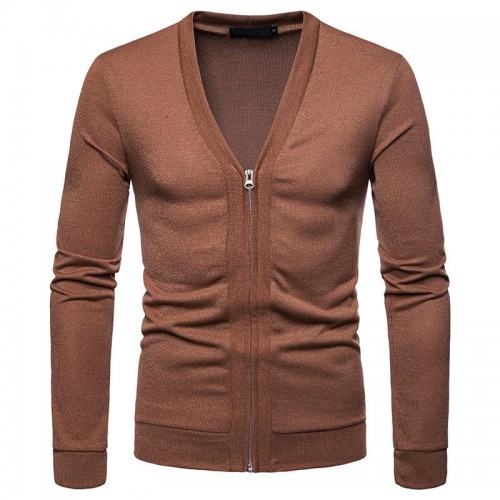 Mens Brief Breathable V Neck Zipper Long Sleeve Slim Cardigans Casual Coats