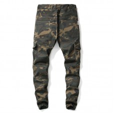 Mens Casual Camo Elastic Waist Zip Fly Ripped Skinny Cargo Jeans