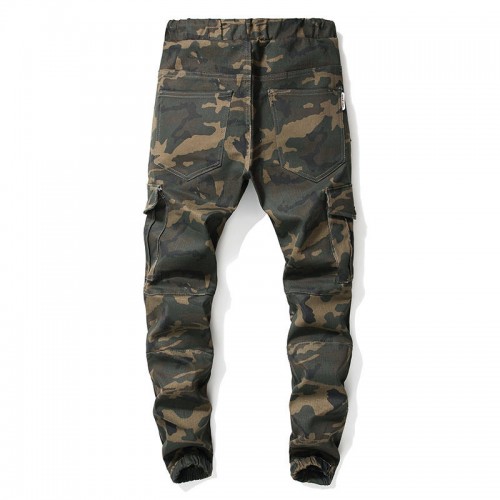 Mens Casual Camo Elastic Waist Zip Fly Ripped Skinny Cargo Jeans