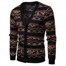 Mens Single Breasted V-Neck Christmas Stitching Color Sweaters Cardigans