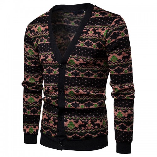 Mens Single Breasted V-Neck Christmas Stitching Color Sweaters Cardigans