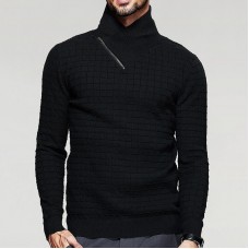 Men's Fashion Winter Turtleneck Pullovers Long Sleeve Slim Fit Plaid Zipper Knit Casual Sweaters