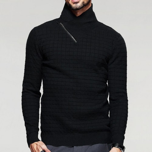 Men's Fashion Winter Turtleneck Pullovers Long Sleeve Slim Fit Plaid Zipper Knit Casual Sweaters