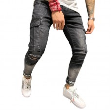 Mens Fashion Casual Big Pockets Mid Waist Stone Washed Slim Ripped Jeans