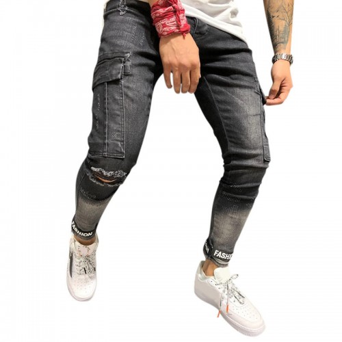 Mens Fashion Casual Big Pockets Mid Waist Stone Washed Slim Ripped Jeans