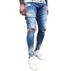 Mens Street Style Zipper Skinny Ripped Cotton Slim Washed Jeans