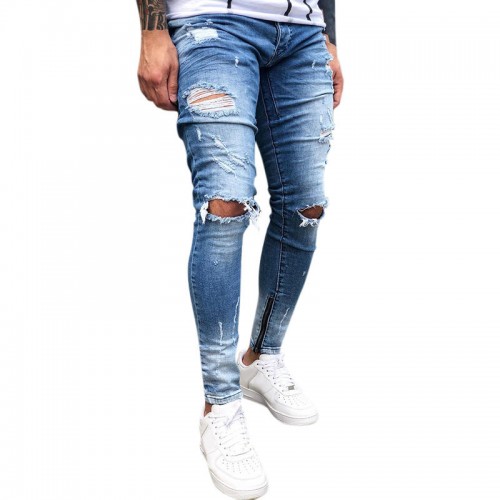 Mens Street Style Zipper Skinny Ripped Cotton Slim Washed Jeans