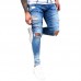 Mens Street Style Zipper Skinny Ripped Cotton Slim Washed Jeans