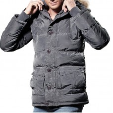 Mens Winter Windproof Multi Pockets Zipper Buttons Solid Color Furry Hood Warm Padded Jacket Parka