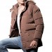 Mens Winter Windproof Multi Pockets Zipper Buttons Solid Color Furry Hood Warm Padded Jacket Parka