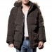 Mens Winter Windproof Multi Pockets Zipper Buttons Solid Color Furry Hood Warm Padded Jacket Parka