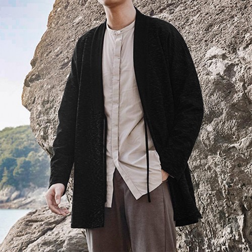 Mens Ethnic Style Loose Drawstring Casual Knit Cardigans Coats