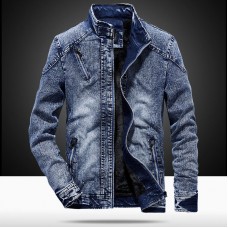 Mens Winter Vintage Stylish Stand Collar Fleece Lining Warm Denim Jacket