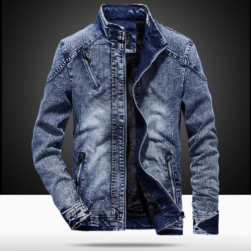 Mens Winter Vintage Stylish Stand Collar Fleece Lining Warm Denim Jacket